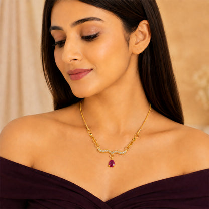 Traditional Gold Plated Pendant Chain with Maroon stone for Womens (SJN_366_M)