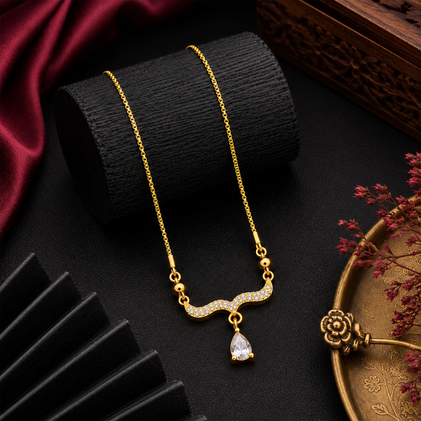 Traditional Gold Plated Pendant Chain with Black stone for Womens (SJN_366_BK)