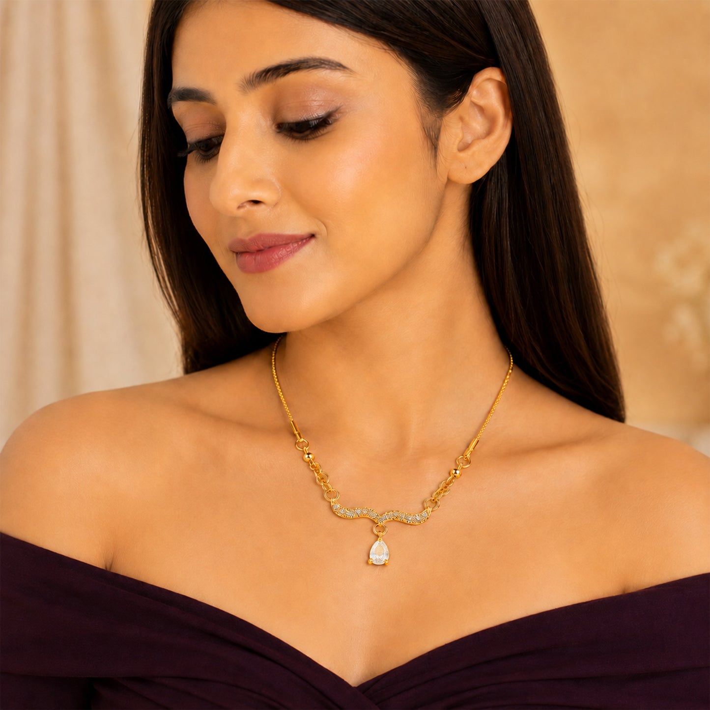 Traditional Gold Plated Pendant Chain with Black stone for Womens (SJN_366_BK)