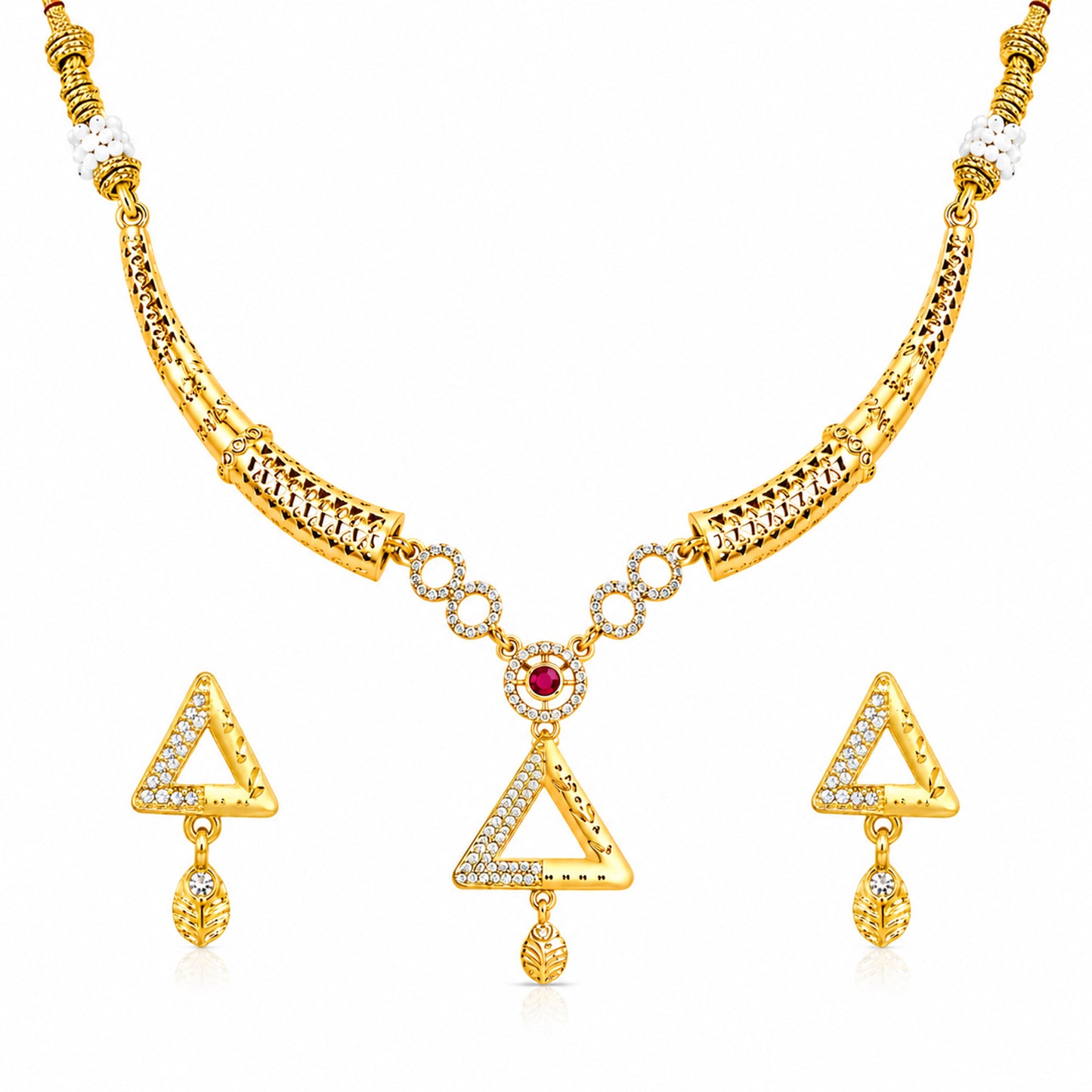 Gold Plated Traditional Indian Kundan,CZ, Pearl Studded Adjustable Dori Necklace with Matching Earrings Jewellery Set for Women (SJN_367_D1)
