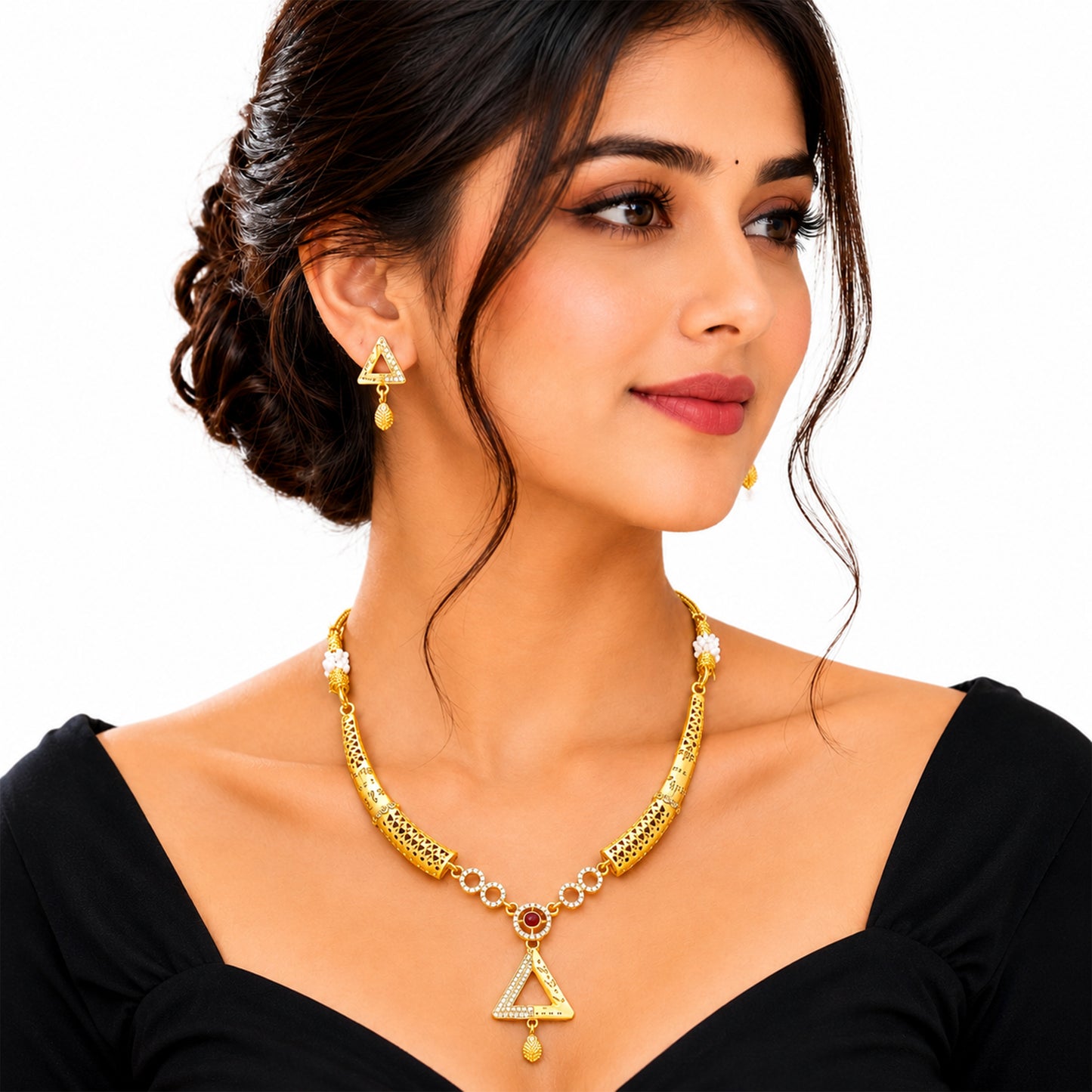 Gold Plated Traditional Indian Kundan,CZ, Pearl Studded Adjustable Dori Necklace with Matching Earrings Jewellery Set for Women (SJN_367_D1)