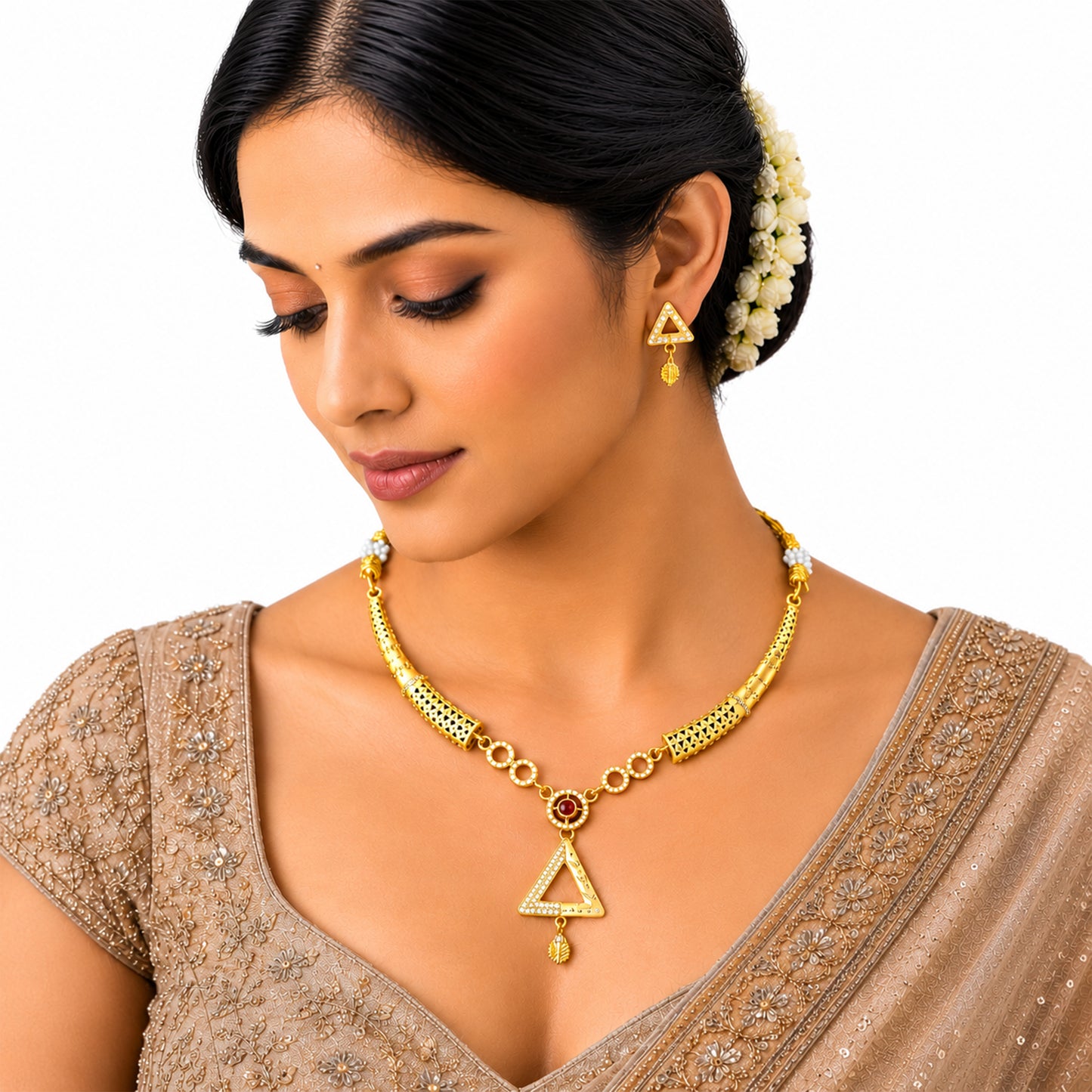Gold Plated Traditional Indian Kundan,CZ, Pearl Studded Adjustable Dori Necklace with Matching Earrings Jewellery Set for Women (SJN_367_D1)