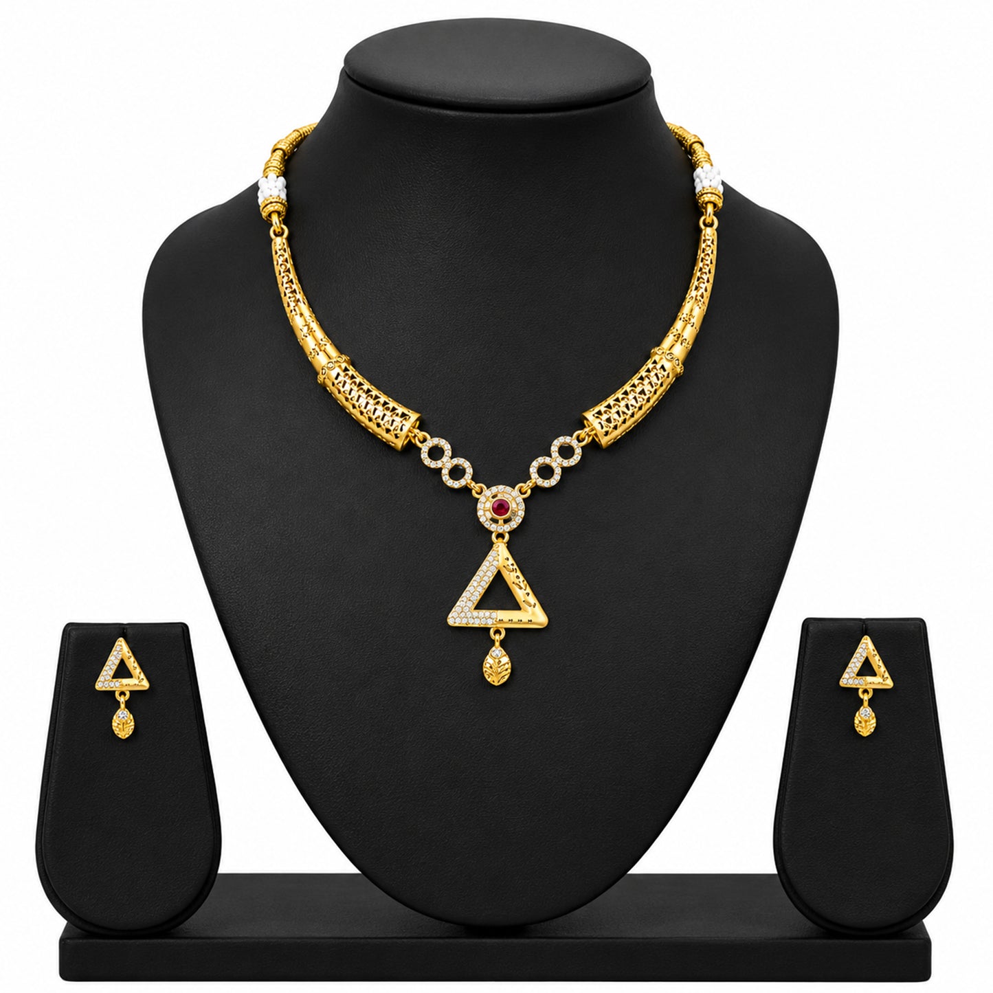 Gold Plated Traditional Indian Kundan,CZ, Pearl Studded Adjustable Dori Necklace with Matching Earrings Jewellery Set for Women (SJN_367_D1)