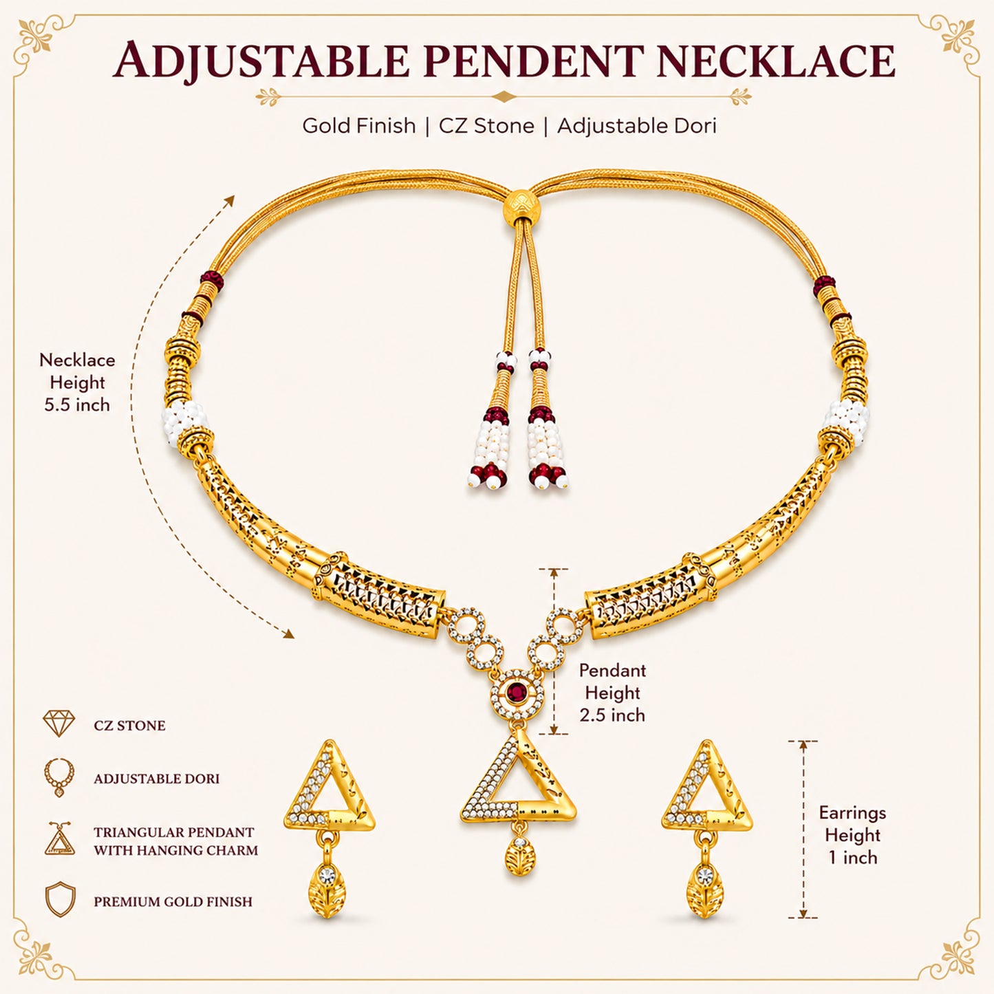 Gold Plated Traditional Indian Kundan,CZ, Pearl Studded Adjustable Dori Necklace with Matching Earrings Jewellery Set for Women (SJN_367_D1)