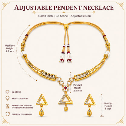 Gold Plated Traditional Indian Kundan,CZ, Pearl Studded Adjustable Dori Necklace with Matching Earrings Jewellery Set for Women (SJN_367_D1)