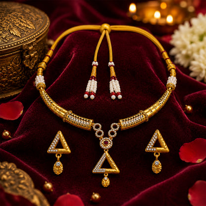 Gold Plated Traditional Indian Kundan,CZ, Pearl Studded Adjustable Dori Necklace with Matching Earrings Jewellery Set for Women (SJN_367_D1)