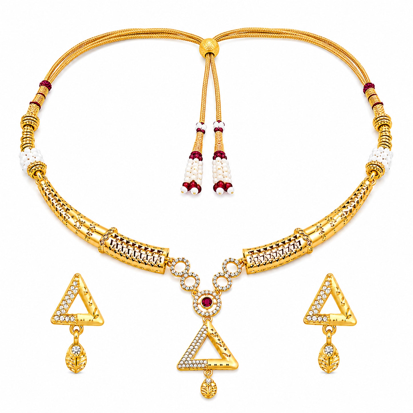 Gold Plated Traditional Indian Kundan,CZ, Pearl Studded Adjustable Dori Necklace with Matching Earrings Jewellery Set for Women (SJN_367_D1)