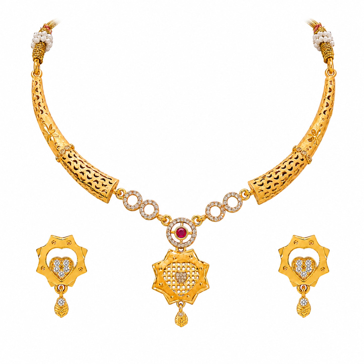 Gold Plated Traditional Indian Kundan,CZ, Pearl Studded Adjustable Dori Necklace with Matching Earrings Jewellery Set for Women (SJN_367_D2)