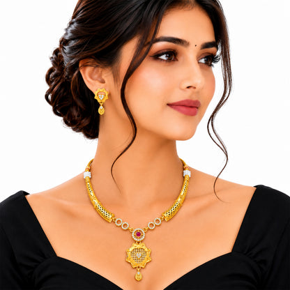 Gold Plated Traditional Indian Kundan,CZ, Pearl Studded Adjustable Dori Necklace with Matching Earrings Jewellery Set for Women (SJN_367_D2)