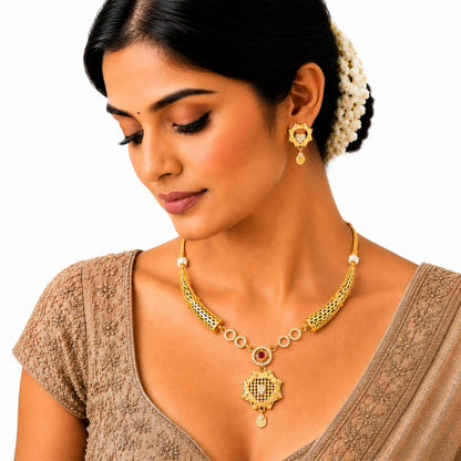 Gold Plated Traditional Indian Kundan,CZ, Pearl Studded Adjustable Dori Necklace with Matching Earrings Jewellery Set for Women (SJN_367_D2)