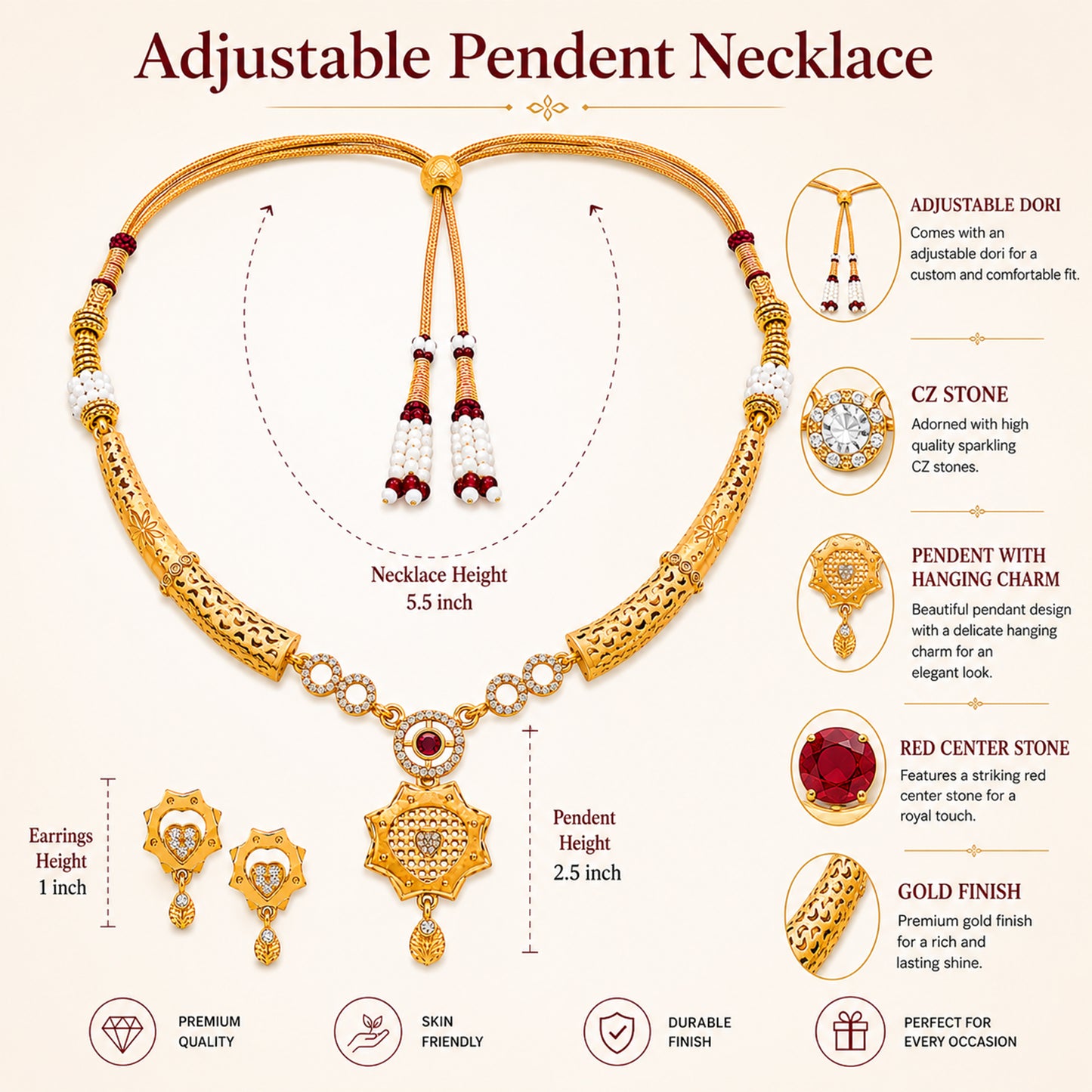 Gold Plated Traditional Indian Kundan,CZ, Pearl Studded Adjustable Dori Necklace with Matching Earrings Jewellery Set for Women (SJN_367_D2)