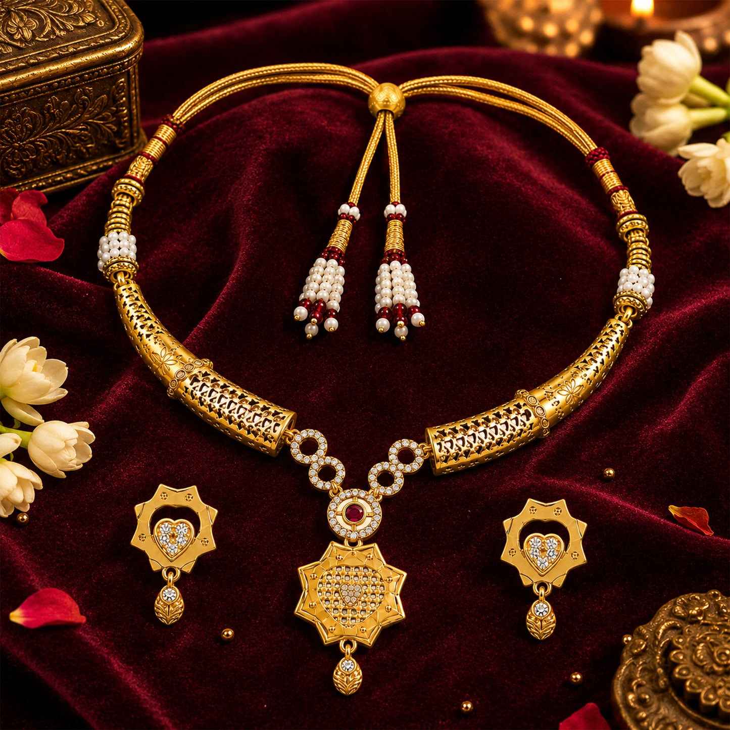 Gold Plated Traditional Indian Kundan,CZ, Pearl Studded Adjustable Dori Necklace with Matching Earrings Jewellery Set for Women (SJN_367_D2)