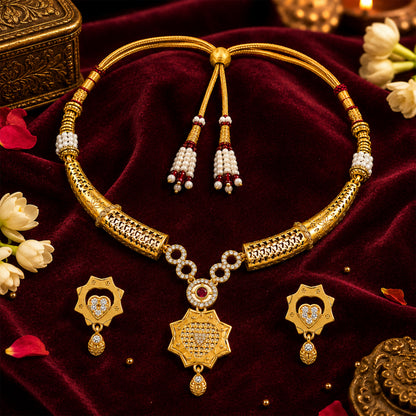 Gold Plated Traditional Indian Kundan,CZ, Pearl Studded Adjustable Dori Necklace with Matching Earrings Jewellery Set for Women (SJN_367_D2)