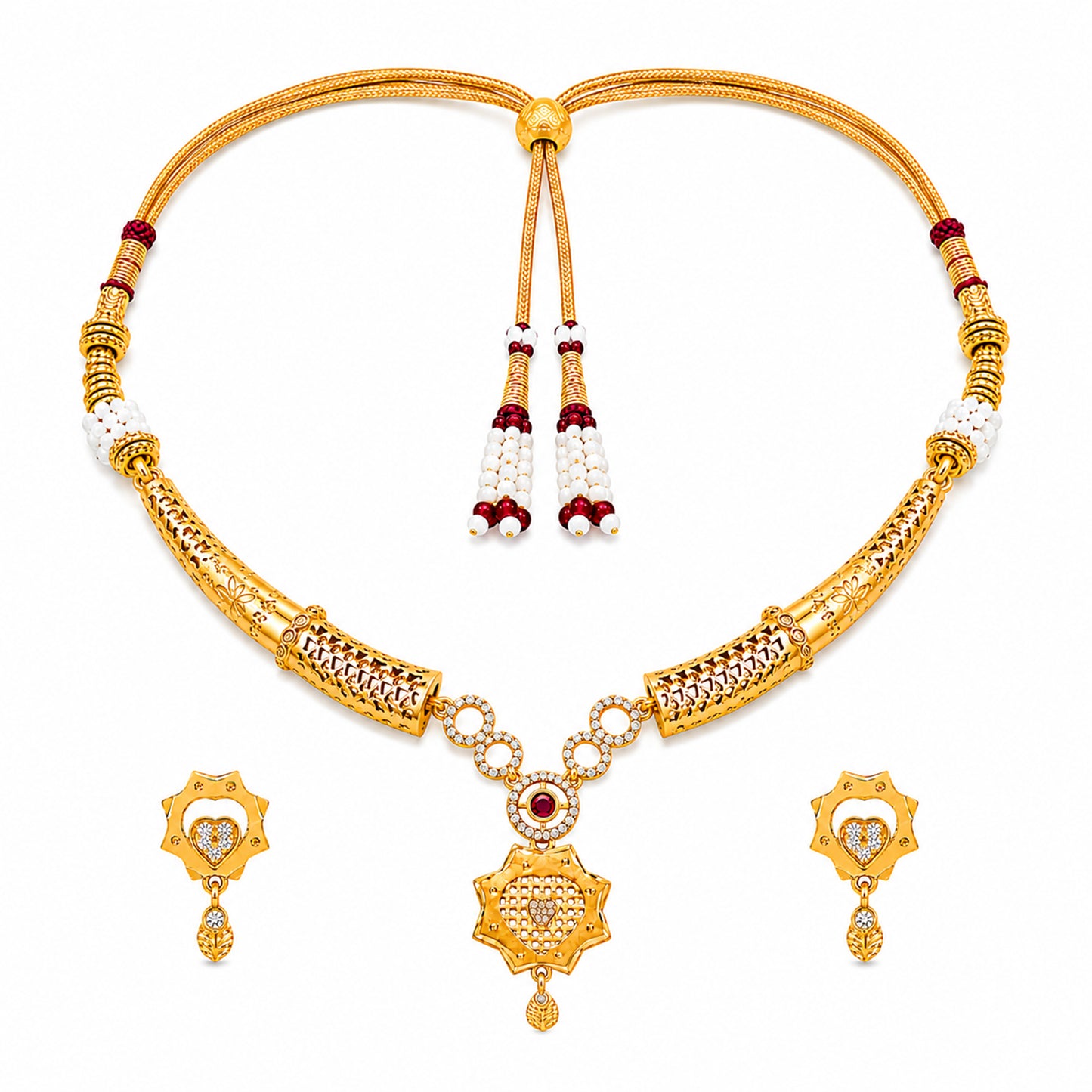 Gold Plated Traditional Indian Kundan,CZ, Pearl Studded Adjustable Dori Necklace with Matching Earrings Jewellery Set for Women (SJN_367_D2)