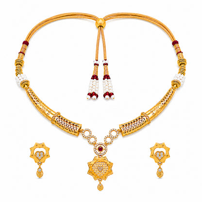 Gold Plated Traditional Indian Kundan,CZ, Pearl Studded Adjustable Dori Necklace with Matching Earrings Jewellery Set for Women (SJN_367_D2)