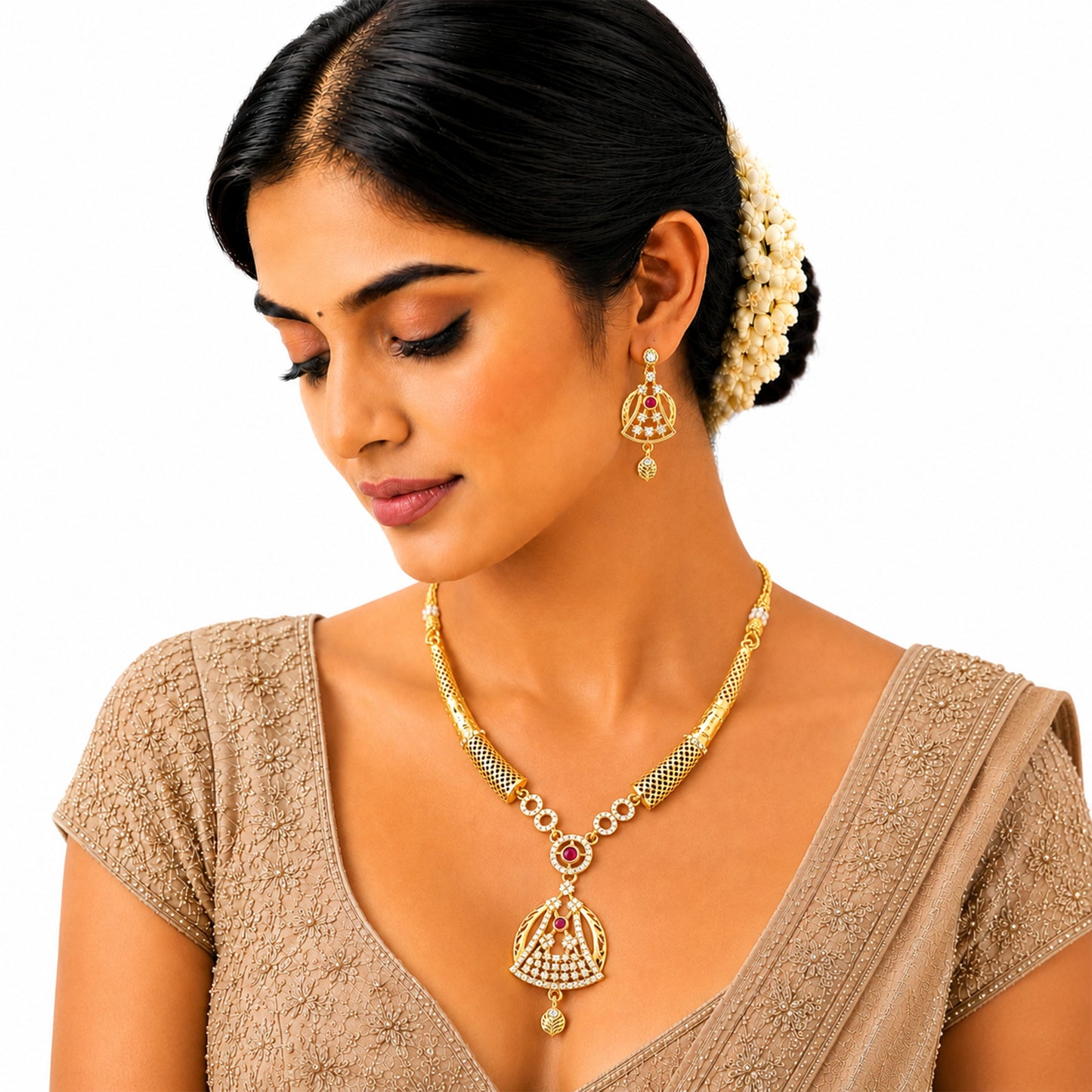 Gold Plated Traditional Indian Kundan,CZ, Pearl Studded Adjustable Dori Necklace with Matching Earrings Jewellery Set for Women (SJN_367_D3)