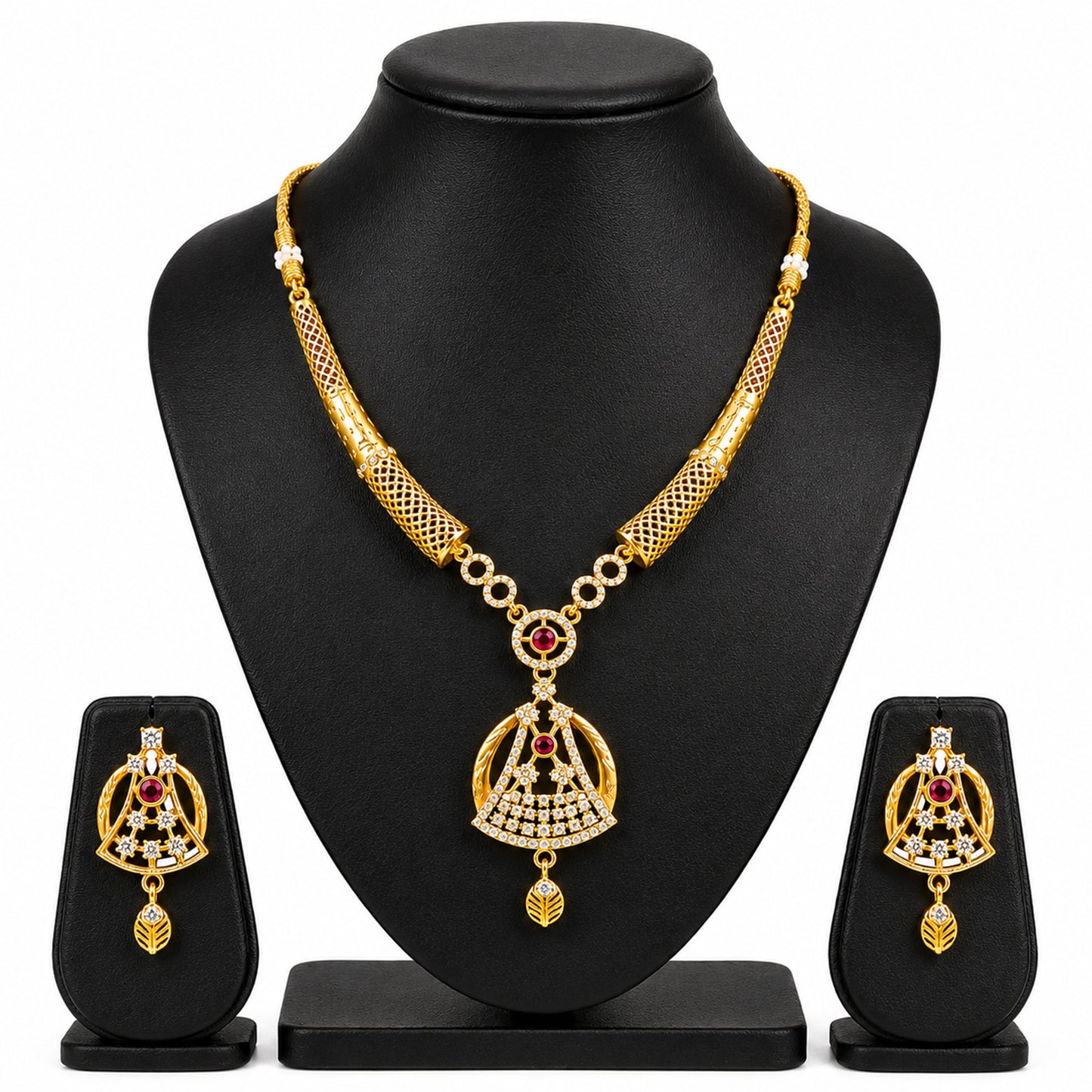 Gold Plated Traditional Indian Kundan,CZ, Pearl Studded Adjustable Dori Necklace with Matching Earrings Jewellery Set for Women (SJN_367_D3)
