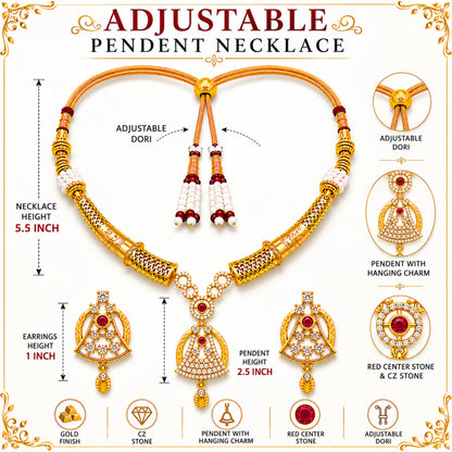 Gold Plated Traditional Indian Kundan,CZ, Pearl Studded Adjustable Dori Necklace with Matching Earrings Jewellery Set for Women (SJN_367_D3)