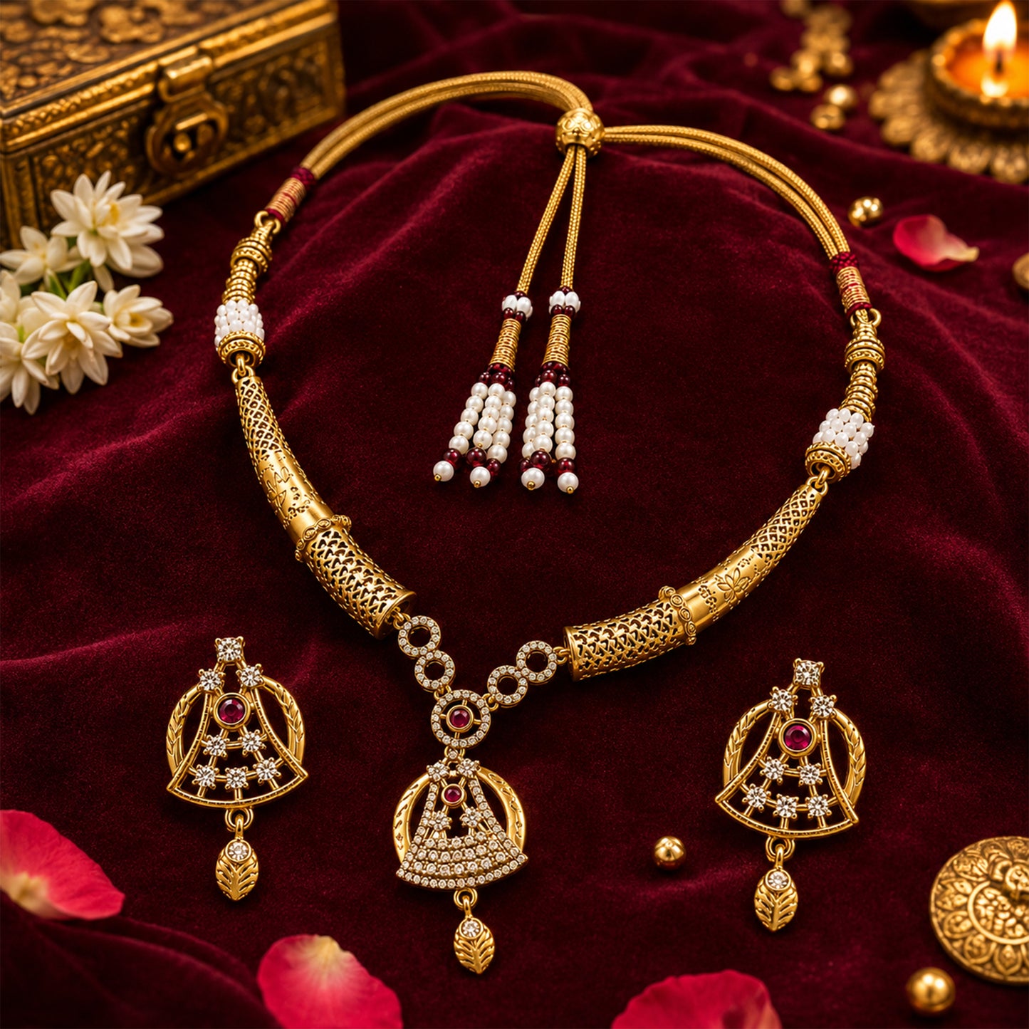 Gold Plated Traditional Indian Kundan,CZ, Pearl Studded Adjustable Dori Necklace with Matching Earrings Jewellery Set for Women (SJN_367_D3)