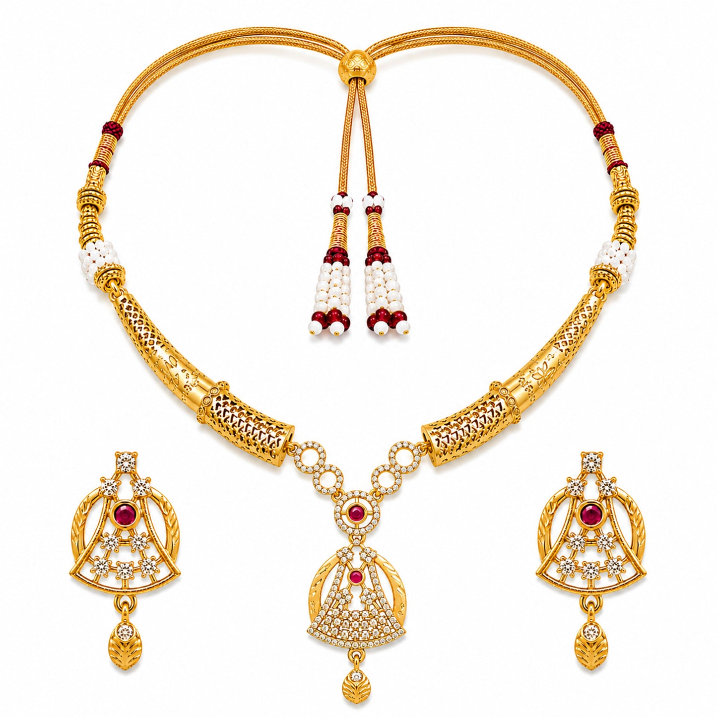Gold Plated Traditional Indian Kundan,CZ, Pearl Studded Adjustable Dori Necklace with Matching Earrings Jewellery Set for Women (SJN_367_D3)