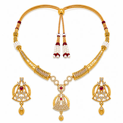 Gold Plated Traditional Indian Kundan,CZ, Pearl Studded Adjustable Dori Necklace with Matching Earrings Jewellery Set for Women (SJN_367_D3)
