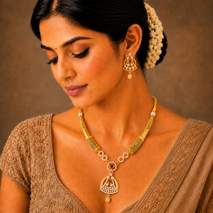 Gold Plated Traditional Indian Kundan,CZ, Pearl Studded Adjustable Dori Necklace with Matching Earrings Jewellery Set for Women (SJN_367_D3)