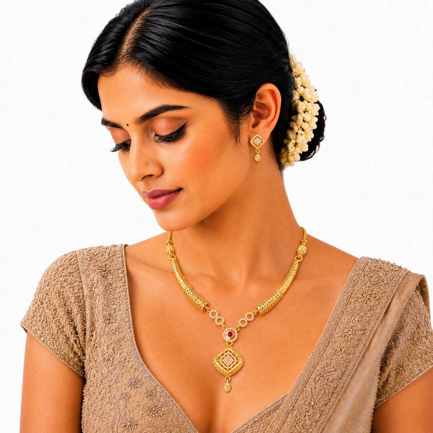 Gold Plated Traditional Indian Kundan,CZ, Pearl Studded Adjustable Dori Necklace with Matching Earrings Jewellery Set for Women (SJN_367_D4)