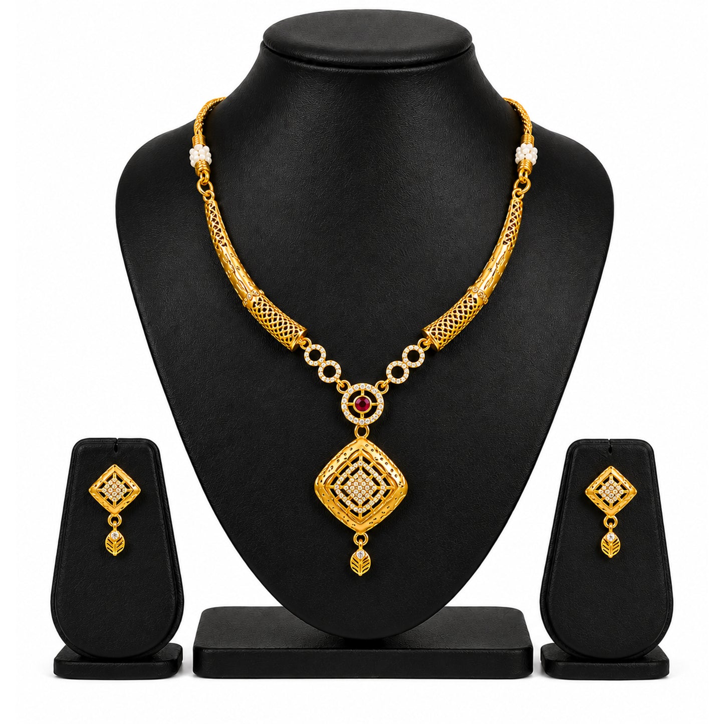 Gold Plated Traditional Indian Kundan,CZ, Pearl Studded Adjustable Dori Necklace with Matching Earrings Jewellery Set for Women (SJN_367_D4)