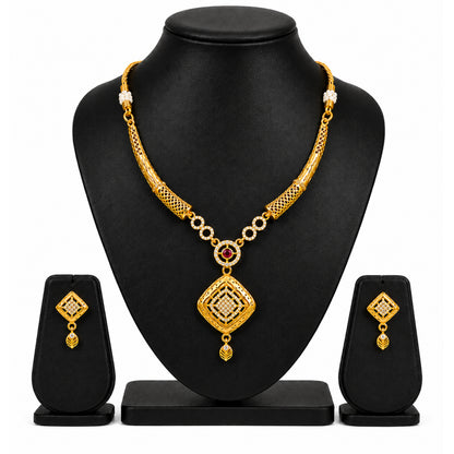 Gold Plated Traditional Indian Kundan,CZ, Pearl Studded Adjustable Dori Necklace with Matching Earrings Jewellery Set for Women (SJN_367_D4)
