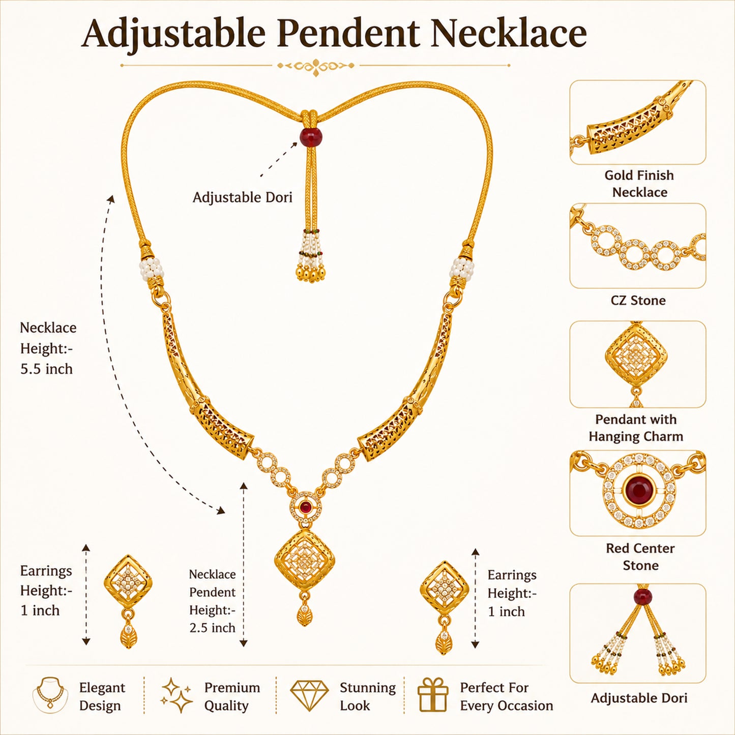 Gold Plated Traditional Indian Kundan,CZ, Pearl Studded Adjustable Dori Necklace with Matching Earrings Jewellery Set for Women (SJN_367_D4)