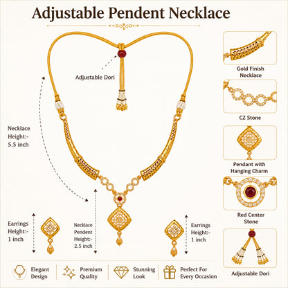 Gold Plated Traditional Indian Kundan,CZ, Pearl Studded Adjustable Dori Necklace with Matching Earrings Jewellery Set for Women (SJN_367_D4)