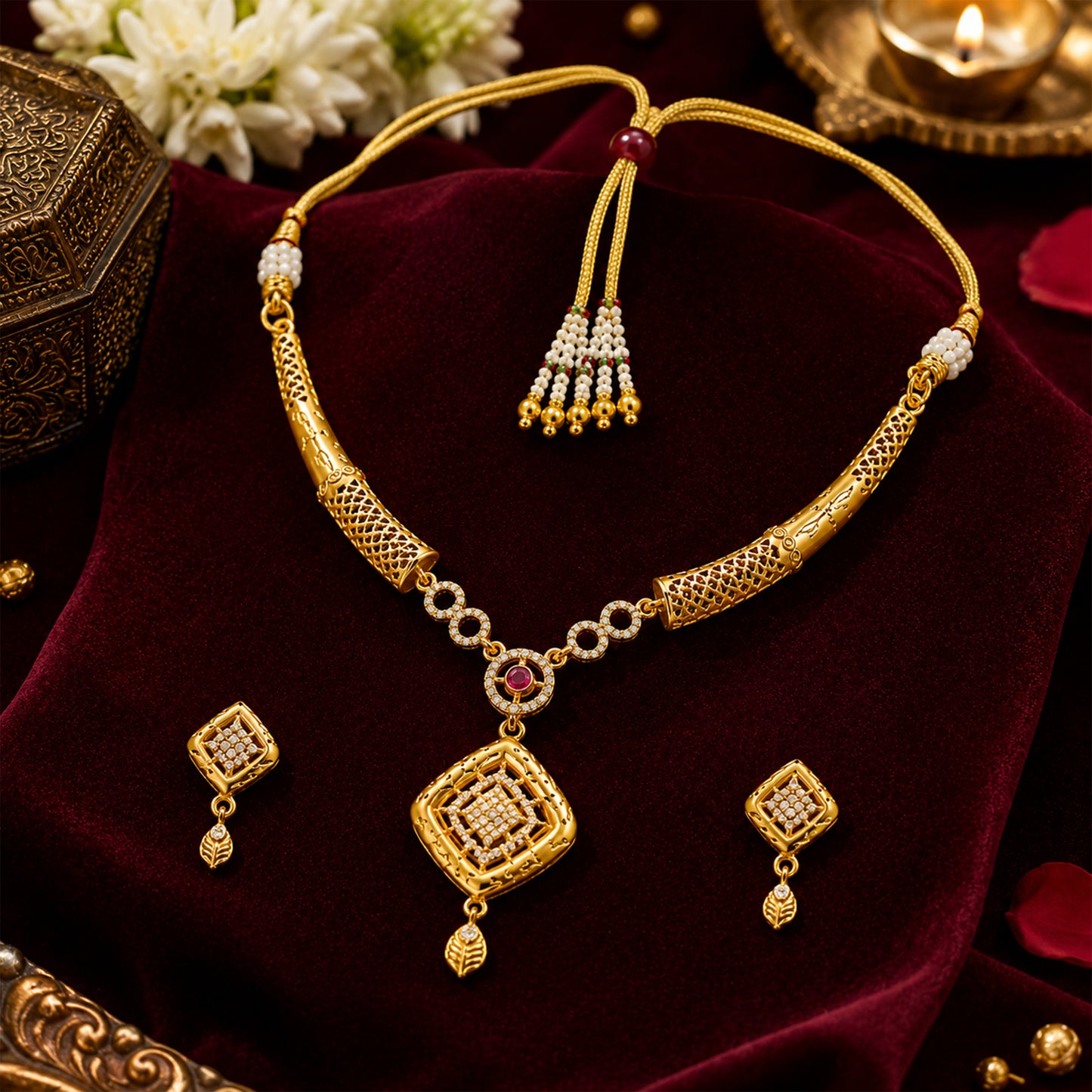 Gold Plated Traditional Indian Kundan,CZ, Pearl Studded Adjustable Dori Necklace with Matching Earrings Jewellery Set for Women (SJN_367_D4)