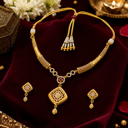 Gold Plated Traditional Indian Kundan,CZ, Pearl Studded Adjustable Dori Necklace with Matching Earrings Jewellery Set for Women (SJN_367_D4)