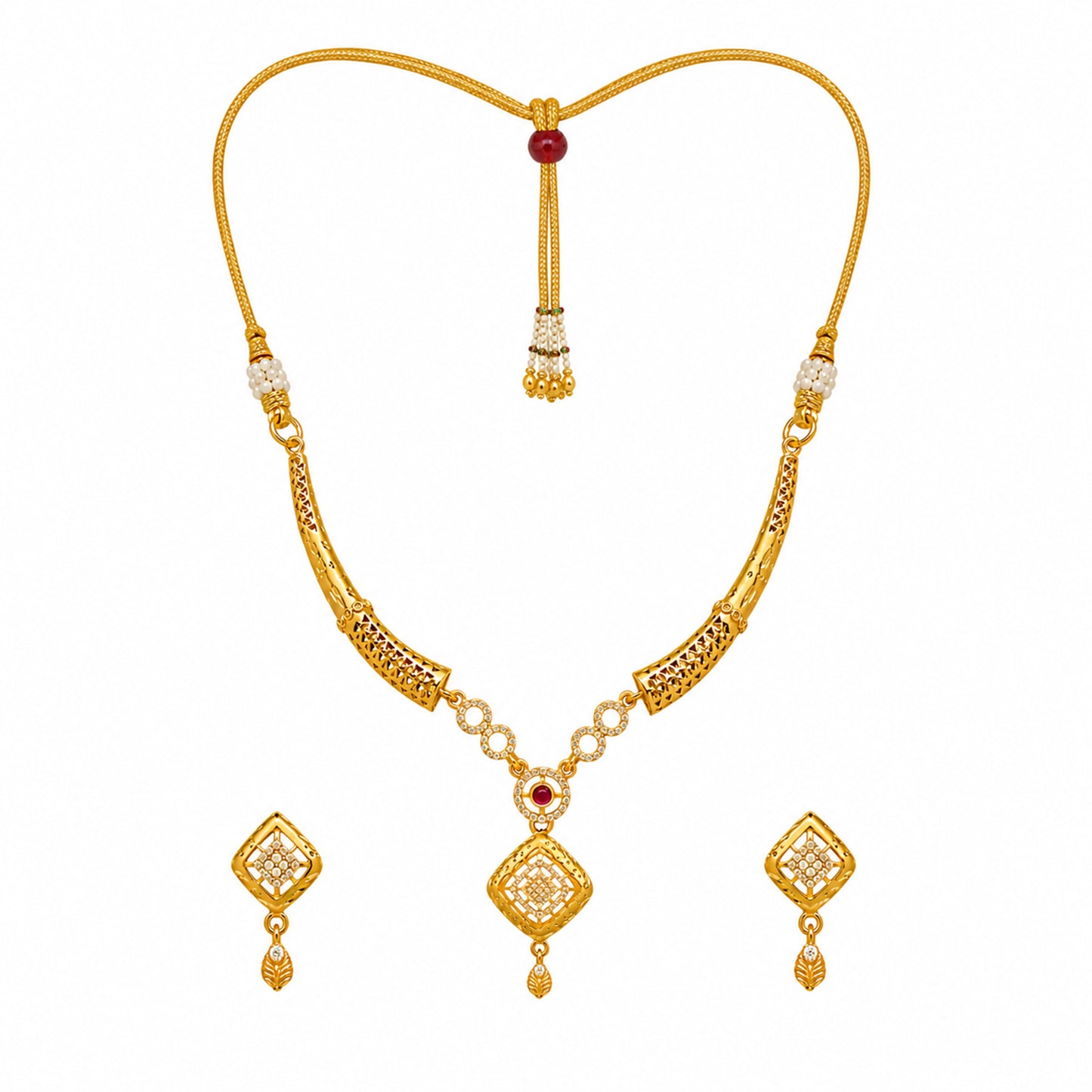 Gold Plated Traditional Indian Kundan,CZ, Pearl Studded Adjustable Dori Necklace with Matching Earrings Jewellery Set for Women (SJN_367_D4)