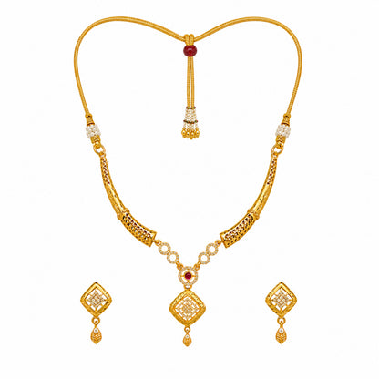 Gold Plated Traditional Indian Kundan,CZ, Pearl Studded Adjustable Dori Necklace with Matching Earrings Jewellery Set for Women (SJN_367_D4)