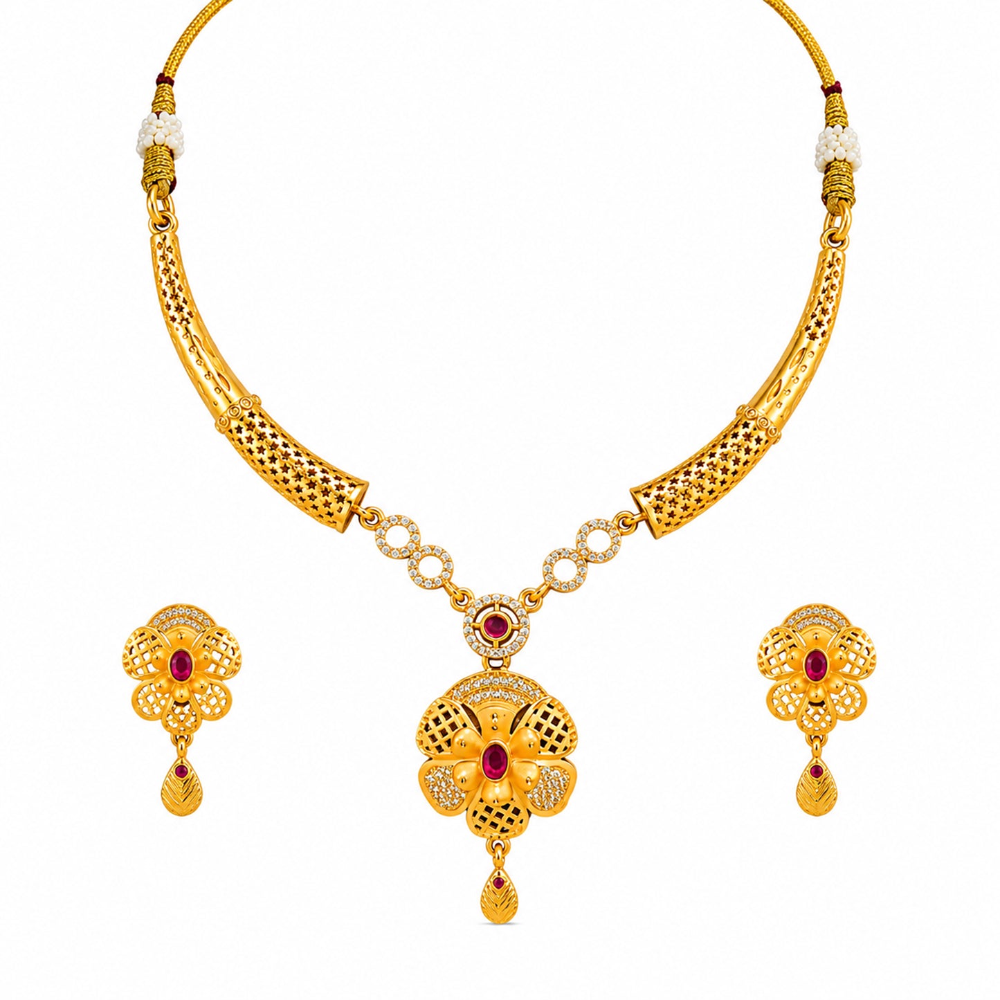 Gold Plated Traditional Indian Kundan,CZ, Pearl Studded Adjustable Dori Necklace with Matching Earrings Jewellery Set for Women (SJN_367_D5)
