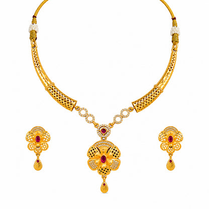 Gold Plated Traditional Indian Kundan,CZ, Pearl Studded Adjustable Dori Necklace with Matching Earrings Jewellery Set for Women (SJN_367_D5)