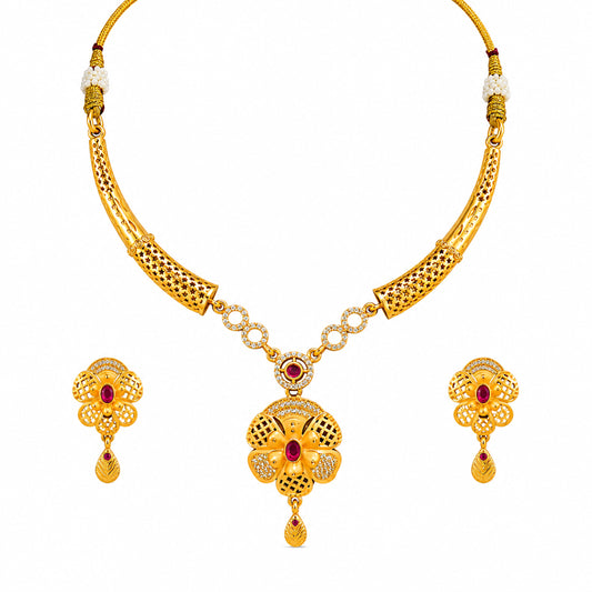 Gold Plated Traditional Indian Kundan,CZ, Pearl Studded Adjustable Dori Necklace with Matching Earrings Jewellery Set for Women (SJN_367_D5)