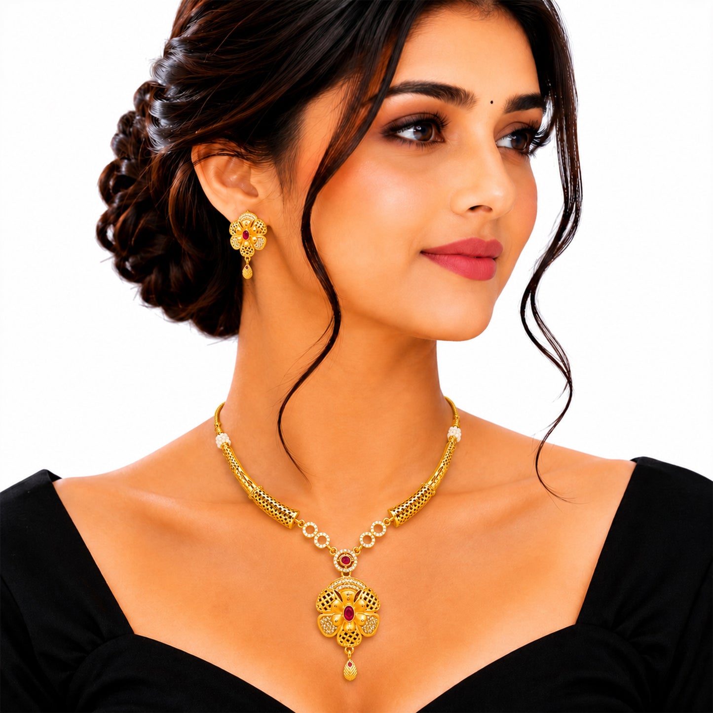 Gold Plated Traditional Indian Kundan,CZ, Pearl Studded Adjustable Dori Necklace with Matching Earrings Jewellery Set for Women (SJN_367_D5)