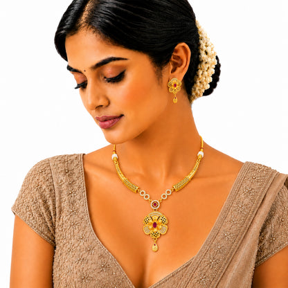 Gold Plated Traditional Indian Kundan,CZ, Pearl Studded Adjustable Dori Necklace with Matching Earrings Jewellery Set for Women (SJN_367_D5)