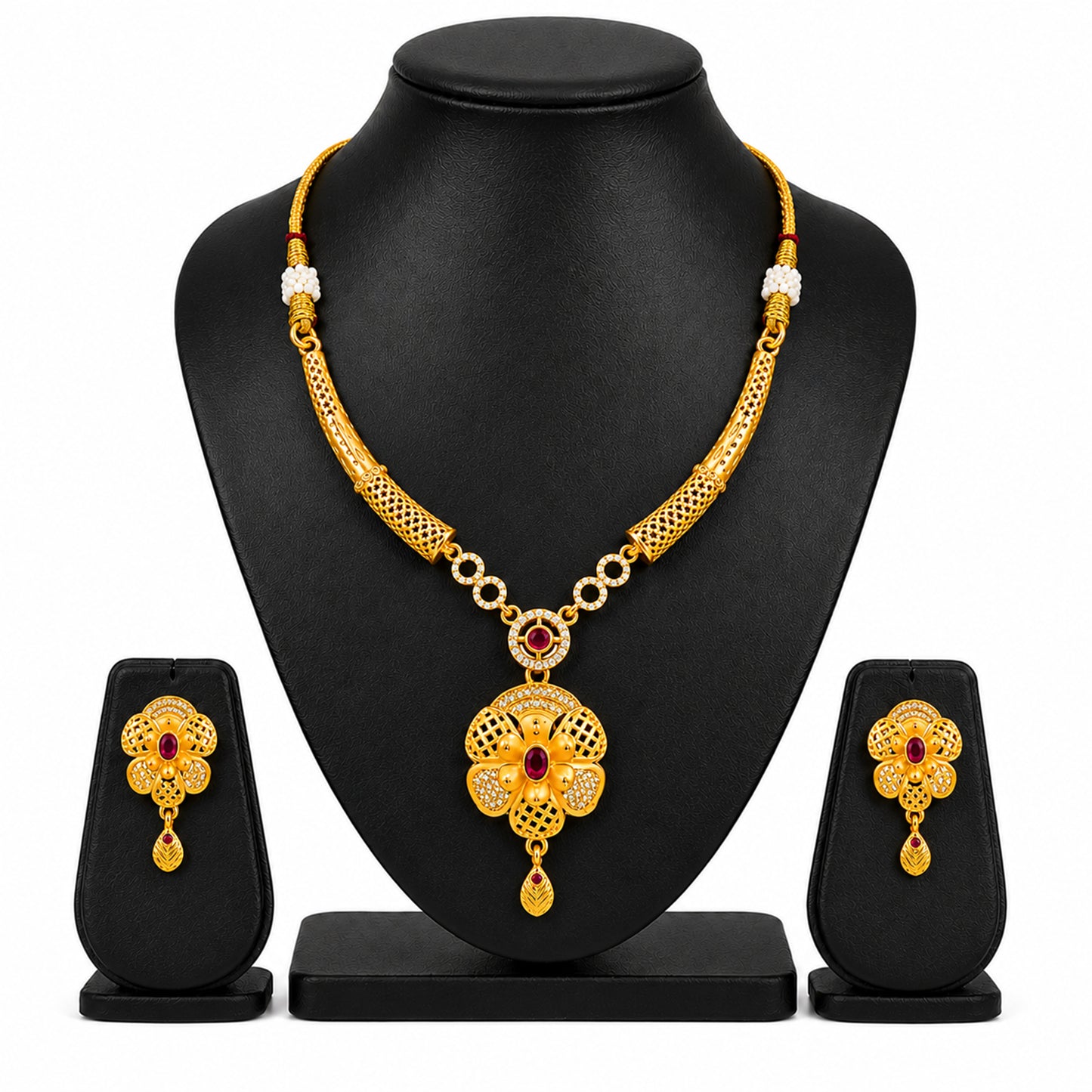 Gold Plated Traditional Indian Kundan,CZ, Pearl Studded Adjustable Dori Necklace with Matching Earrings Jewellery Set for Women (SJN_367_D5)