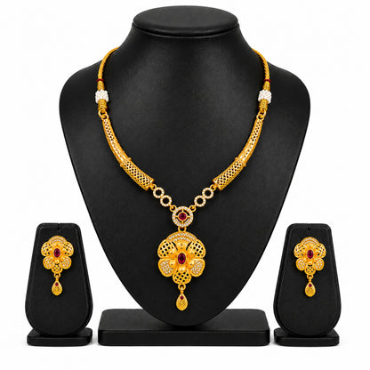 Gold Plated Traditional Indian Kundan,CZ, Pearl Studded Adjustable Dori Necklace with Matching Earrings Jewellery Set for Women (SJN_367_D5)