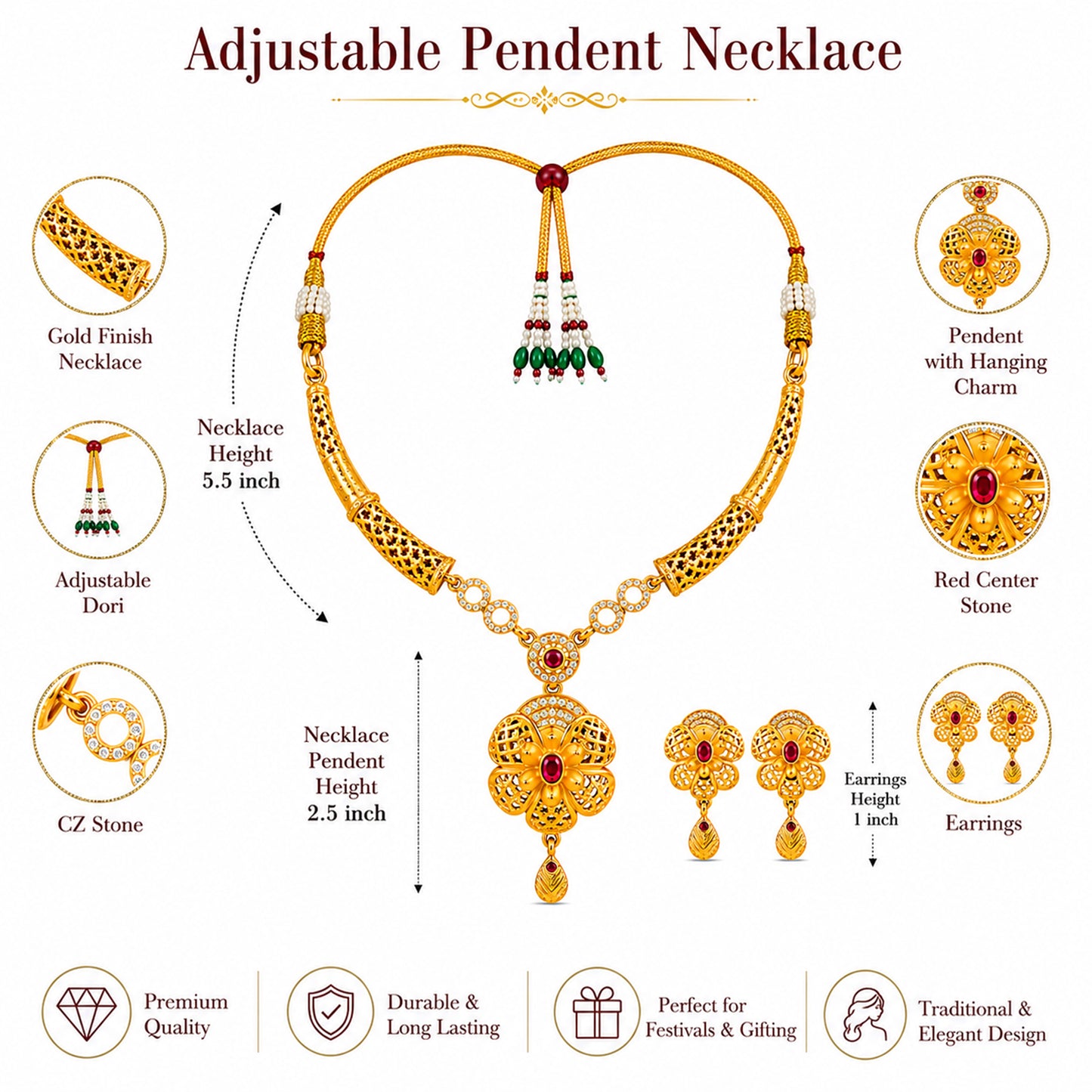 Gold Plated Traditional Indian Kundan,CZ, Pearl Studded Adjustable Dori Necklace with Matching Earrings Jewellery Set for Women (SJN_367_D5)