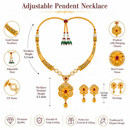 Gold Plated Traditional Indian Kundan,CZ, Pearl Studded Adjustable Dori Necklace with Matching Earrings Jewellery Set for Women (SJN_367_D5)