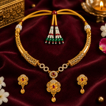 Gold Plated Traditional Indian Kundan,CZ, Pearl Studded Adjustable Dori Necklace with Matching Earrings Jewellery Set for Women (SJN_367_D5)