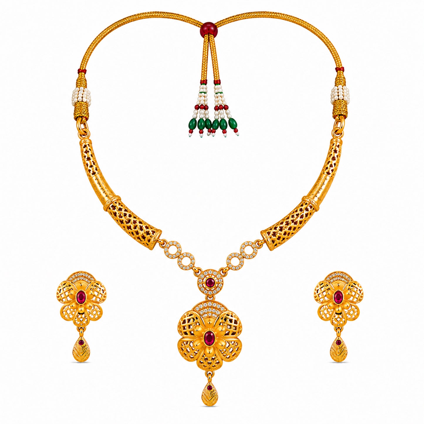 Gold Plated Traditional Indian Kundan,CZ, Pearl Studded Adjustable Dori Necklace with Matching Earrings Jewellery Set for Women (SJN_367_D5)