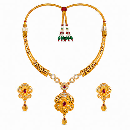 Gold Plated Traditional Indian Kundan,CZ, Pearl Studded Adjustable Dori Necklace with Matching Earrings Jewellery Set for Women (SJN_367_D5)