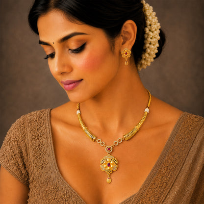 Gold Plated Traditional Indian Kundan,CZ, Pearl Studded Adjustable Dori Necklace with Matching Earrings Jewellery Set for Women (SJN_367_D5)