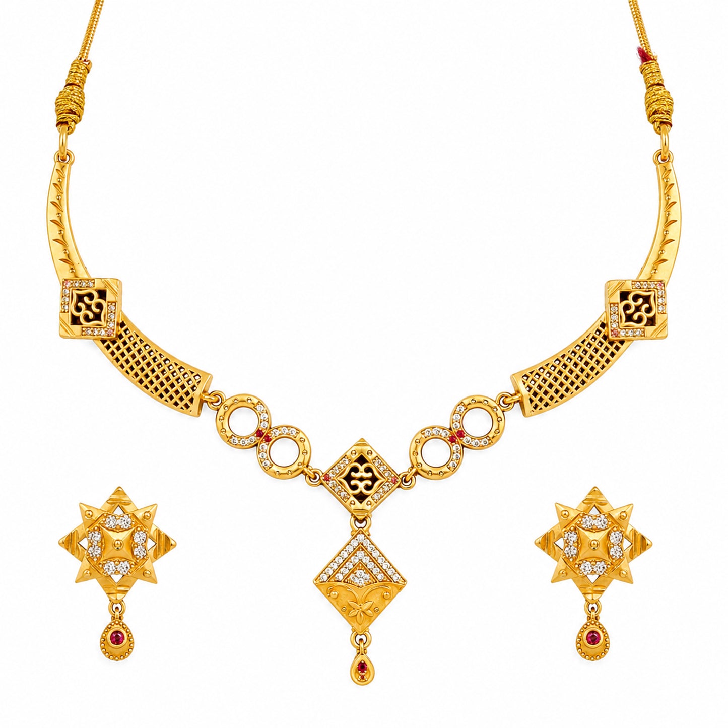 Traditional Indian Matte Gold Plated Indian Kundan,CZ, Pearl Studded Adjustable Dori Necklace with Matching Earrings Jewellery Set for Women (SJN_368_D2)