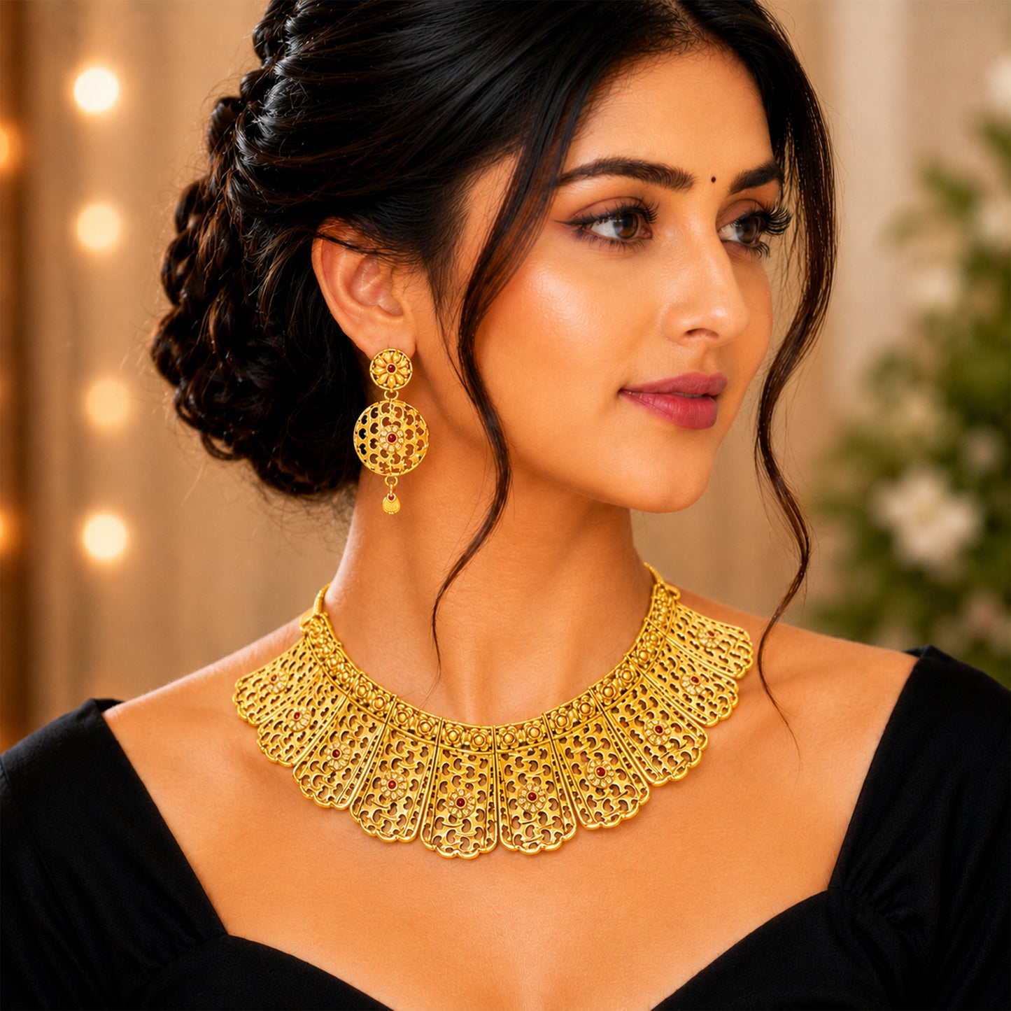 Traditional Indian Gold Plated  Bridal Dulhan Choker Jewellery Set with Earrings For Women (SJN_369)